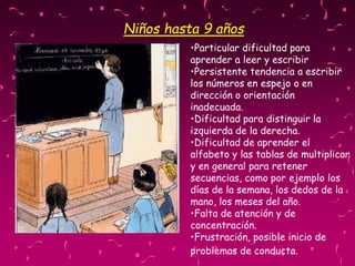 Niños hasta 9 años
•Particular dificultad para
aprender a leer y escribir
•Persistente tendencia a escribir
los números en espejo o en
dirección o orientación
inadecuada.
•Dificultad para distinguir la
izquierda de la derecha.
•Dificultad de aprender el
alfabeto y las tablas de multiplicar
y en general para retener
secuencias, como por ejemplo los
días de la semana, los dedos de la
mano, los meses del año.
•Falta de atención y de
concentración.
•Frustración, posible inicio de
problemas de conducta.
 