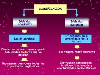 CLASIFICACIÓN
Dislexias
adquiridas
Dislexias
evolutivas
Lesión cerebral
Pierden en mayor o menor grado
habilidades lectoras que ya
poseían
Raramente destruyen todas las
capacidades lingüísticas
Dificultades en el
aprendizaje de la
lectura
Sin ninguna razón aparente
Instrucción convencional,
inteligencia adecuada y
oportunidades socioculturales
 