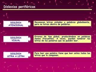 Dislexias periféricas
DISLEXIA
ATENCIONAL
Reconocen letras aisladas y palabras globalmente,
pero no letras dentro de palabras.
DISLEXIA
VISUAL
Errores de tipo global, produciéndose en palabras
menos frecuentes. A veces, pueden nombrar las
letras de las palabras que no pueden leer.
DISLEXIA
LETRA A LETRA
Para leer una palabra tiene que leer antes todas las
letras que la componen.
 