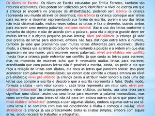 Os Níveis de Escrita. Os Níveis de Escrita estudados por Emília Ferreiro, também são
recursos excelentes. Eles podem ser utilizados para identificar o nível de escrita em que
a criança se encontra no processo de alfabetização, podendo ser: icônico (a criança
representa seu mundo através de desenhos); não icônico (a criança consegue usar letras
para escrever e desenhar representando sua forma de escrita, porém o uso das letras
não está sistematizado, muitas vezes coloca as letras e faz o desenho, usando ambos
para escrever uma mesma palavra); realismo nominal (faz o uso das letras conforme o
tamanho do objeto e não de acordo com a palavra, para ela o objeto grande deve ter
muitas letras e o objeto pequeno poucas letras); nível pré-silábico (a criança já sabe
que precisa de letras para escrever, embora não faça distinção entre letra e número,
também já sabe que precisamos usar muitas letras diferentes para escrever). (Deste
modo, a criança usa as letras do próprio nome variando a posição e a ordem em que elas
aparecem no seu nome, para escrever novas palavras); nível pré-silábico em conflito
(nesta fase a criança pode enfrentar um conflito já que conta as letras para escrever,
mas no momento de escrever acha que é necessário muitas letras para escrever,
acreditando que com poucas letras não é possível a escrita, ainda, ao pedir a ela que
faça a relação de letras com sílabas, ela risca as letras que parecem sobrar. Isso pode
acontecer com palavras monossílabas; ao vencer este conflito a criança entrará no nível
pré-silábico); nível pré-silábico (a criança passa a atribuir valor sonoro a cada uma das
letras que compõe a escrita e descobre que a escrita representa a fala). Deste modo,
formula a sílaba - sem valor sonoro -, cada letra representa um valor som; nível présilábico "elaborado" (a criança percebe o valor silábico, portanto, usa uma letra para
significar uma sílaba, assim usa uma letra para escrever a palavra monossílaba, mas
como acredita que uma letras só não dá para ler, coloca outras só para que possa ler);
nível silábico "alfabético" (começa a usar algumas sílabas, embora algumas outras usa só
uma letra e se contenta com isso vai descobrindo a sílaba e começa a usá-la); nível
alfabético (a criança já usa praticamente todas as sílabas simples, embora com alguns
erros, sendo necessário trabalhar a ortografia).

 