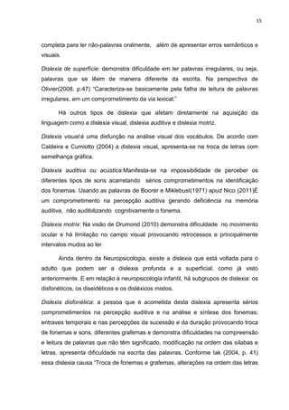15
completa para ler não-palavras oralmente, além de apresentar erros semânticos e
visuais.
Dislexia de superfície: demonstra dificuldade em ler palavras irregulares, ou seja,
palavras que se lêem de maneira diferente da escrita. Na perspectiva de
Olivier(2008, p.47) “Caracteriza-se basicamente pela falha de leitura de palavras
irregulares, em um comprometimento da via lexical.”
Há outros tipos de dislexia que afetam diretamente na aquisição da
linguagem como a dislexia visual, dislexia auditiva e dislexia motriz.
Dislexia visual:é uma disfunção na análise visual dos vocábulos. De acordo com
Caldeira e Cumiotto (2004) a dislexia visual, apresenta-se na troca de letras com
semelhança gráfica.
Dislexia auditiva ou acústica:Manifesta-se na impossibilidade de perceber os
diferentes tipos de sons acarretando sérios comprometimentos na identificação
dos fonemas. Usando as palavras de Boorer e Miklebust(1971) apud Nico (2011)É
um comprometimento na percepção auditiva gerando deficiência na memória
auditiva, não audibilizando cognitivamente o fonema.
Dislexia motrix: Na visão de Drumond (2010) demonstra dificuldade no movimento
ocular e há limitação no campo visual provocando retrocessos e principalmente
intervalos mudos ao ler.
Ainda dentro da Neuropsicologia, existe a dislexia que está voltada para o
adulto que podem ser a dislexia profunda e a superficial, como já visto
anteriormente. E em relação à neuropsicologia infantil, há subgrupos de dislexia: os
disfonéticos, os diseidéticos e os disléxicos mistos.
Dislexia disfonética: a pessoa que é acometida desta dislexia apresenta sérios
comprometimentos na percepção auditiva e na análise e síntese dos fonemas;
entraves temporais e nas percepções da sucessão e da duração provocando troca
de fonemas e sons, diferentes grafemas e demonstra dificuldades na compreensão
e leitura de palavras que não têm significado, modificação na ordem das sílabas e
letras, apresenta dificuldade na escrita das palavras. Conforme Iak (2004, p. 41)
essa dislexia causa “Troca de fonemas e grafemas, alterações na ordem das letras
 