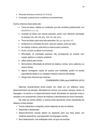 18
• Reversão de letras e números (15 -51;b-d);
• Frustração, podendo levar a problemas comportamentais.
Outros sintomas observados são:
• Troca de letras, sílabas ou vocábulos que são similares graficamente: a-o
;e-c;f-t;m-n; v- u ; i-j ;
• Inversão de letras com escrita parecida, porém com diferente orientação
no espaço: b/p, d/p, d/q, b/q, b/d, n/u, a/e, w-m;
• Troca de letras cujos sons são parecidos: d/t, j-x, c-g, m-b. v-f ;
• Acréscimo ou omissões de sons: casa por casaco, prato por pato;
• Ao realizar a leitura, pula linha ou retorna para a anterior;
• Ao ler, movem os lábios murmurando;
• Dificuldade na orientação espacial, não conseguindo se orientar com
mapas, globos e o próprio ambiente.
• Utiliza dedos para contar;
• Demonstram dificuldade de lembrar de objetos, nomes, sons, palavras, ou
mesmo letras;
• Alguns conseguem copiar do quadro com facilidade, porém na escrita
espontânea( ditado e/ ou redação) mostram extrema dificuldade;
• Atinge mais meninos que meninas;
CONDEMARÍN (1989) apud SAMPAIO (2010)
Algumas características ainda podem ser vistas em um disléxico: baixo
desenvolvimento da atenção; dificuldade em brincar com outras crianças; atraso na
linguagem, na escrita e no desenvolvimento visual; dificuldade em aprender rimas e
canções e em acompanhar a leitura de histórias e desinteresse por livros impressos.
Na visão de Ianhez (2002), a criança pode apresentar sinais importantes de
dislexia na fase escolar:
Trocas referentes à ortografia, porém depende do tipo de dislexia;
Dispersão e desatenção;
Desenvolvimento escolar abaixo do esperado para sua faixa etária, em
matérias específicas, que dependem da linguagem escrita;
Bom desempenho, nas avaliações orais, do que nas escritas;
 
