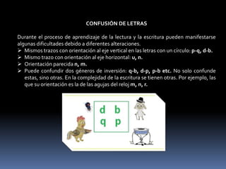 CONFUSIÓN DE LETRAS
Durante el proceso de aprendizaje de la lectura y la escritura pueden manifestarse
algunas dificultades debido a diferentes alteraciones.
 Mismos trazos con orientación al eje vertical en las letras con un círculo: p-q, d-b.
 Mismo trazo con orientación al eje horizontal: u, n.
 Orientación parecida n, m.
 Puede confundir dos géneros de inversión: q-b, d-p, p-b etc. No solo confunde
estas, sino otras. En la complejidad de la escritura se tienen otras. Por ejemplo, las
que su orientación es la de las agujas del reloj m, n, r.
 