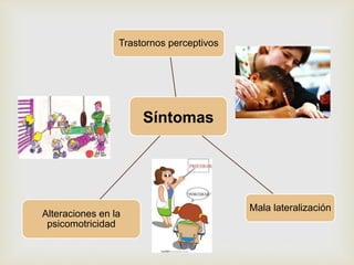Síntomas
Trastornos perceptivos
Mala lateralización
Alteraciones en la
psicomotricidad
 