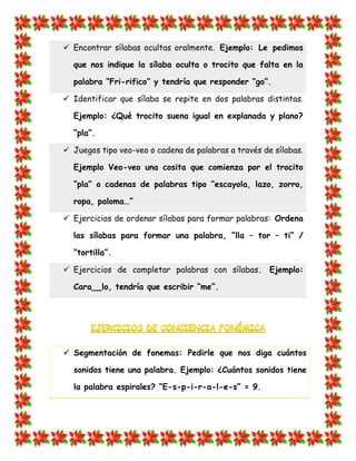  Encontrar sílabas ocultas oralmente. Ejemplo: Le pedimos que nos indique la sílaba oculta o trocito que falta en la palabra “Fri-rifico” y tendría que responder “go”. 
 Identificar que sílaba se repite en dos palabras distintas. Ejemplo: ¿Qué trocito suena igual en explanada y plano? “pla”.  Juegos tipo veo-veo o cadena de palabras a través de sílabas. Ejemplo Veo-veo una cosita que comienza por el trocito “pla” o cadenas de palabras tipo “escayola, lazo, zorro, ropa, paloma…” 
 Ejercicios de ordenar sílabas para formar palabras: Ordena las sílabas para formar una palabra, “lla – tor – ti” / “tortilla”.  Ejercicios de completar palabras con sílabas. Ejemplo: Cara__lo, tendría que escribir “me”. 
 Segmentación de fonemas: Pedirle que nos diga cuántos sonidos tiene una palabra. Ejemplo: ¿Cuántos sonidos tiene la palabra espirales? “E-s-p-i-r-a-l-e-s” = 9.  