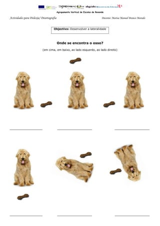 Agrupamento Vertical de Escolas de Resende
Actividades para Dislexia/ Disortografia Docente: Marisa Manuel Branco Marado
Objectivo: Desenvolver a lateralidade
Onde se encontra o osso?
(em cima, em baixo, ao lado esquerdo, ao lado direito)
___________________
________________ _________________ _________________
________________ _________________ _________________
 
