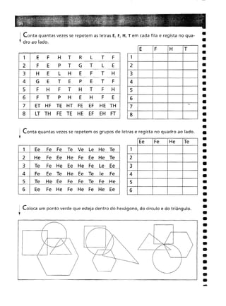 Coloca um ponto verde que esteja dentro do hexágono, do círculo e do triângulo.
: Conta quantas vezes se repetem os grupos de letras e regista no quadro ao lado.
'f
Conta quantas vezes se repetem as letras E, F, H, T em cada fila e regista no qua-
dro ao lado.
-
E F
H
T
1 2
3
4
5
6
7
8
EeFe
He
Te
1 2
3
4
5
6
1 E
F
H
T
R
L
T
F F
E
P
T
G
T
L
EH
E
L
H
E
F
T
HG
E
T
E
P
E
T
FF
HF
T
H
T
F
H F
TP
H
E
H
F
EET HF
TE HT FE
EF
HE TH
LT TH
FE TE
HE
EF
EH
FT
1 Ee
Fe
Fe
Te
Ve
Le
He
Te
He
Fe
Ee
He
Fe
Ee
He
Te
Te
Fe
He
Ee
He
Fe
Le
Ee
Fe
Ee
Te
He
Ee
Te
le
Fe
Te
He
Ee
Fe
Fe
Te
Fe
He
Ee
Fe
He
Fe
He
Fe
He
Ee
 