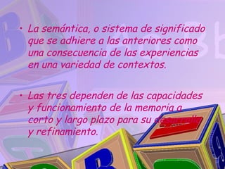 • La semántica, o sistema de significado
  que se adhiere a las anteriores como
  una consecuencia de las experiencias
  en una variedad de contextos.

• Las tres dependen de las capacidades
  y funcionamiento de la memoria a
  corto y largo plazo para su desarrollo
  y refinamiento.
 