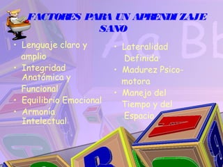 FACTORES PARA UN APRENDI ZAJE
              SANO
• Lenguaje claro y       • Lateralidad
  amplio                   Definida
• Integridad             • Madurez Psico-
  Anatómica y              motora
  Funcional              • Manejo del
• Equilibrio Emocional     Tiempo y del
• Armonía                  Espacio
  Intelectual
 