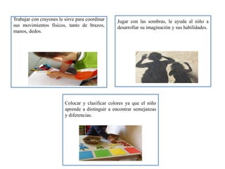 Trabajar con crayones le sirve para coordinar
sus movimientos físicos, tanto de brazos,
manos, dedos.
Jugar con las sombras, le ayuda al niño a
desarrollar su imaginación y sus habilidades.
Colocar y clasificar colores ya que el niño
aprende a distinguir a encontrar semejanzas
y diferencias.
 