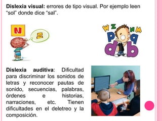 Dislexia visual: errores de tipo visual. Por ejemplo leen 
“sol” donde dice “sal”. 
Dislexia auditiva: Dificultad 
para discriminar los sonidos de 
letras y reconocer pautas de 
sonido, secuencias, palabras, 
órdenes e historias, 
narraciones, etc. Tienen 
dificultades en el deletreo y la 
composición. 
 