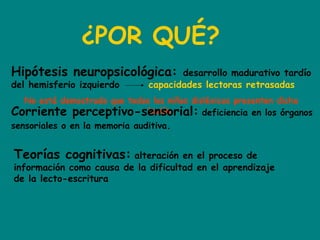 ¿POR QUÉ?
Hipótesis neuropsicológica: desarrollo madurativo tardío
del hemisferio izquierdo capacidades lectoras retrasadas
No está demostrado que todos los niños disléxicos presenten dicha
lesión
Teorías cognitivas: alteración en el proceso de
información como causa de la dificultad en el aprendizaje
de la lecto-escritura
Corriente perceptivo-sensorial: deficiencia en los órganos
sensoriales o en la memoria auditiva.
 