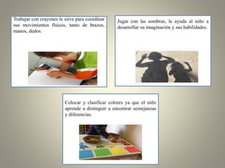 Trabajar con crayones le sirve para coordinar
sus movimientos físicos, tanto de brazos,
manos, dedos.
Jugar con las sombras, le ayuda al niño a
desarrollar su imaginación y sus habilidades.
Colocar y clasificar colores ya que el niño
aprende a distinguir a encontrar semejanzas
y diferencias.
 