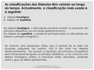 As classificações das Dislexias têm variado ao longo
do tempo. Actualmente, a classificação mais usada é
a seguinte:
A. Dislexia Fonológica
B. Dislexia de Superfície
Na dislexia fonológica, a dificuldade principal consiste na aquisição dos
princípios alfabéticos da conversão grafema-fonema.
Na dislexia de superfície, o problema principal reside na dificuldade em
adquirir o princípio ortográfico.

No entanto, esta separação nítida, que é possível de se fazer nas
situações adquiridas dos adultos, não é tão clara nas dislexias
desenvolvimentais. Isto porque a aquisição dos princípios ortográficos
está intrinsecamente ligada ao princípio alfabético, e nas crianças com
dislexia fonológica ambos os processos estão afectados, podendo
variar o grau de défice apresentado.
Rita Leonardo Feijao - Psicologa
Educacional e de Orientaçao vocacional

 
