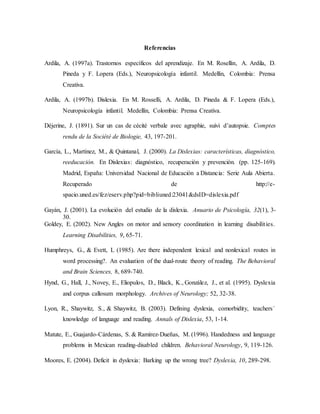 Referencias 
Ardila, A. (1997a). Trastornos específicos del aprendizaje. En M. Rosellin, A. Ardila, D. 
Pineda y F. Lopera (Eds.), Neuropsicología infantil. Medellín, Colombia: Prensa 
Creativa. 
Ardila, A. (1997b). Dislexia. En M. Rosselli, A. Ardila, D. Pineda & F. Lopera (Eds.), 
Neuropsicología infantil. Medellín, Colombia: Prensa Creativa. 
Déjerine, J. (1891). Sur un cas de cécité verbale avec agraphie, suivi d’autopsie. Comptes 
rendu de la Société de Biologie, 43, 197-201. 
García, L., Martínez, M., & Quintanal, J. (2000). La Dislexias: características, diagnóstico, 
reeducación. En Dislexias: diagnóstico, recuperación y prevención. (pp. 125-169). 
Madrid, España: Universidad Nacional de Educación a Distancia: Serie Aula Abierta. 
Recuperado de http://e-spacio. 
uned.es/fez/eserv.php?pid=bibliuned:23041&dsID=dislexia.pdf 
Gayán, J. (2001). La evolución del estudio de la dislexia. Anuario de Psicología, 32(1), 3- 
30. 
Goldey, E. (2002). New Angles on motor and sensory coordination in learning disabilit ies. 
Learning Disabilities, 9, 65-71. 
Humphreys, G., & Evett, L (1985). Are there independent lexical and nonlexical routes in 
word processing?. An evaluation of the dual-route theory of reading. The Behavioral 
and Brain Sciences, 8, 689-740. 
Hynd, G., Hall, J., Novey, E., Eliopulos, D., Black, K., González, J., et al. (1995). Dyslexia 
and corpus callosum morphology. Archives of Neurology; 52, 32-38. 
Lyon, R., Shaywitz, S., & Shaywitz, B. (2003). Defining dyslexia, comorbidity, teachers´ 
knowledge of language and reading. Annals of Dislexia, 53, 1-14. 
Matute, E., Guajardo-Cárdenas, S. & Ramírez-Dueñas, M. (1996). Handedness and language 
problems in Mexican reading-disabled children. Behavioral Neurology, 9, 119-126. 
Moores, E. (2004). Deficit in dyslexia: Barking up the wrong tree? Dyslexia, 10, 289-298. 
 