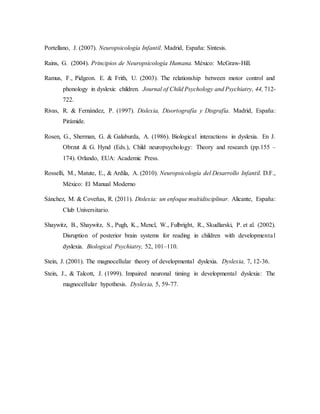 Portellano, J. (2007). Neuropsicología Infantil. Madrid, España: Síntesis. 
Rains, G. (2004). Principios de Neuropsicología Humana. México: McGraw-Hill. 
Ramus, F., Pidgeon. E. & Frith, U. (2003). The relationship between motor control and 
phonology in dyslexic children. Journal of Child Psychology and Psychiatry, 44, 712- 
722. 
Rivas, R. & Fernández, P. (1997). Dislexia, Disortografía y Disgrafía. Madrid, España: 
Pirámide. 
Rosen, G., Sherman, G. & Galaburda, A. (1986). Biological interactions in dyslexia. En J. 
Obrzut & G. Hynd (Eds.), Child neuropsychology: Theory and research (pp.155 – 
174). Orlando, EUA: Academic Press. 
Rosselli, M., Matute, E., & Ardila, A. (2010). Neuropsicología del Desarrollo Infantil. D.F., 
México: El Manual Moderno 
Sánchez, M. & Coveñas, R. (2011). Dislexia: un enfoque multidisciplinar. Alicante, España: 
Club Universitario. 
Shaywitz, B., Shaywitz, S., Pugh, K., Mencl, W., Fulbright, R., Skudlarski, P. et al. (2002). 
Disruption of posterior brain systems for reading in children with developmenta l 
dyslexia. Biological Psychiatry, 52, 101–110. 
Stein, J. (2001). The magnocellular theory of developmental dyslexia. Dyslexia, 7, 12-36. 
Stein, J., & Talcott, J. (1999). Impaired neuronal timing in developmental dyslexia: The 
magnocellular hypothesis. Dyslexia, 5, 59-77. 
