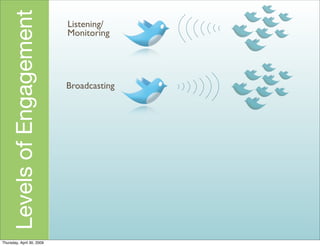 Levels of Engagement   Listening/
                           Monitoring




                           Broadcasting




Thursday, April 30, 2009
 
