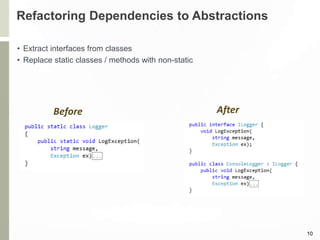 Refactoring Dependencies to Abstractions
• Extract interfaces from classes
• Replace static classes / methods with non-static
10
Before After
 