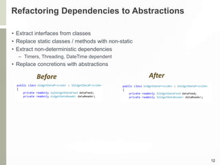 Refactoring Dependencies to Abstractions
• Extract interfaces from classes
• Replace static classes / methods with non-static
• Extract non-deterministic dependencies
– Timers, Threading, DateTime dependent
• Replace concretions with abstractions
12
Before After
 