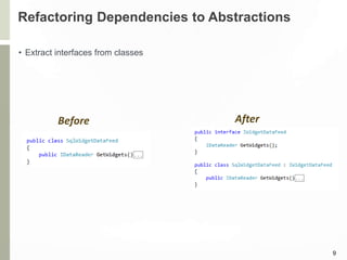 Refactoring Dependencies to Abstractions
• Extract interfaces from classes
9
Before After
 