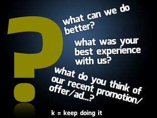 we do




?
      hat  can
    w
    b etter?
       wh at was your
       best experience
       with us?
  what
 our r  do yo
offer ecent u think
     /ad...  prom    of
           ?     otion
                      /
k = keep doing it
 