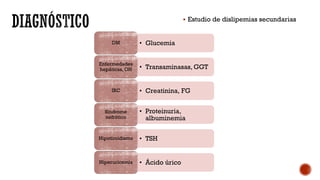 § Estudio de dislipemias secundarias
• GlucemiaDM
• Transaminasas, GGT
Enfermedades
hepáticas, OH
• Creatinina, FGIRC
• Proteinuria,
albuminemia
Síndrome
nefrótico
• TSHHipotiroidismo
• Ácido úricoHiperuricemia
 