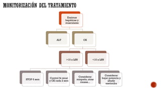 Enzimas
hepáticas y
musculares
ALT CK
>10 x LSN
STOP 6 sem
Control fx renal
y CK cada 2 sem
Considerar
miopatía, otras
causas...
Considerar
bajar potencia y
añadir
ezetimiba
<10 x LSN
 