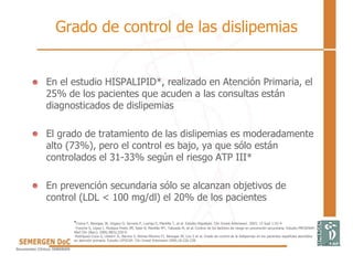 Grado de control de las dislipemias
• En el estudio HISPALIPID*, realizado en Atención Primaria, el
25% de los pacientes que acuden a las consultas están
diagnosticados de dislipemias
• El grado de tratamiento de las dislipemias es moderadamente
alto (73%), pero el control es bajo, ya que sólo están
controlados el 31-33% según el riesgo ATP III*
• En prevención secundaria sólo se alcanzan objetivos de
control (LDL < 100 mg/dl) el 20% de los pacientes
*Civera F, Banegas JR, Vegazo O, Serrano P, Luengo E, Mantilla T, et al. Estudio Hispalipid. Clin Invest Arterioescl. 2003; 15 Supl 1:53-4.
-Tranche S, López I, Mostaza Prieto JM, Soler B, Mantilla MT, Taboada M, et al. Control de los factores de riesgo en prevención secundaria. Estudio PRESENAP.
Med Clin (Barc). 2006;38(5):250-9.
-Rodríguez-Coca G, Llisterri JL, Barrios V, Alonso-Moreno FJ, Banegas JR, Lou S et al. Grado de control de la dislipemias en los pacientes españoles atendidos
en atención primaria. Estudio LIPOCAP. Clin Invest Arterioescl 2006;18:226-238.
 