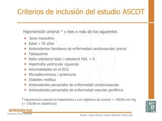 Criterios de inclusión del estudio ASCOT
Hipertensión arterial * y tres o más de los siguientes
Sexo masculino
Edad > 55 años
Antecedentes familiares de enfermedad cardiovascular precoz
Tabaquismo
Ratio colesterol total / colesterol HDL > 6
Hipertrofia ventricular izquierda
Anormalidades en el ECG
Microalbuminuria / protenuria
Diabetes mellitus
Antecedentes personales de enfermedad cerebrovascular
Antecedentes personales de enfermedad vascular periférica
* Hipertensión arterial en tratamiento y con objetivos de control < 140/90 mm Hg
(< 130/80 en diabéticos)
Fuente: Sever PS et al. Lancet 2003;361:1149-1158.
 