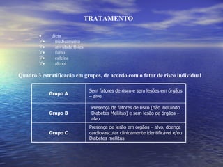            dieta            medicamento            atividade física            fumo            cafeína            álcool     Quadro 3 estratificação em grupos, de acordo com o fator de risco individual TRATAMENTO Presença de lesão em órgãos – alvo, doença cardiovascular clinicamente identificável e/ou Diabetes mellitus Grupo C Presença de fatores de risco (não incluindo Diabetes Mellitus) e sem lesão de órgãos – alvo Grupo B Sem fatores de risco e sem lesões em órgãos – alvo Grupo A 