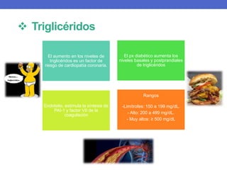  Triglicéridos 
El aumento en los niveles de 
triglicéridos es un factor de 
riesgo de cardiopatía coronaria. 
El px diabético aumenta los 
niveles basales y postprandiales 
de triglicéridos 
Endotelio, estimula la síntesis de 
PAI-1 y factor VII de la 
coagulación 
Rangos 
-Limítrofes: 150 a 199 mg/dL. 
- Alto: 200 a 499 mg/dL. 
- Muy altos: ≥ 500 mg/dL 
 