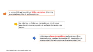 La composición y proporción de lípidos y proteínas, determina
la densidad específica de las lipoproteínas.
Las más ricas en lípidos son menos densas, mientras que
aquellas con mayor proporción de apolipoproteínas son más
densas.
existen cuatro lipoproteínas básicas: quilomicrones (Qm),
lipoproteínas de muy baja densidad (VLDL), lipoproteínas de
baja densidad (LDL) y lipoproteínas de alta densidad (HDL),
ORIENTACIÓN TÉCNICA DISLIPIDEMIAS MINSAL 2018
 