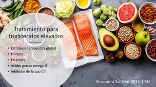 Tratamiento para
triglicéridos elevados
• Estrategia terapéutica global
• Fibratos
• Estatinas
• Ácidos grasos omega-3
• Inhibidor de la apo CIII
Alexandra Saldívar 2015-1444
 