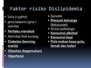 Faktor risiko Dislipidemia
 Usia (>55thn)
 jenis kelamin (pria >
wanita)
 Perilaku merokok
 Aktivitas fisik kurang
 Diabetes (kencing
manis)
 Obesitas (kegemukan)
 HIpertensi
• Genetik
• Riwayat keluarga
(keturunan)
• Stress psikologis
• Konsumsi alkohol
• Konsumsi kopi
• Pola makan kaya gula,
lemak dan kalori
 
