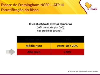 Risco absoluto de eventos coronários
(IAM ou morte por DAC)
nos próximos 10 anos
NCEP ATP III - NIH Publication No. 02-5215 Sep 2002
Escore de Framingham NCEP – ATP III
Estratificação do Risco
Baixo risco < 10%
Médio risco entre 10 e 20%
Alto risco >20%
 