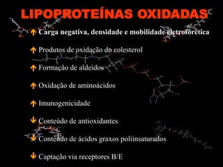 LIPOPROTEÍNAS OXIDADAS
 Carga negativa, densidade e mobilidade eletroforética
 Produtos de oxidação do colesterol
 Formação de aldeídos
 Oxidação de aminoácidos
 Imunogenicidade
 Conteúdo de antioxidantes
 Conteúdo de ácidos graxos poliinsaturados
 Captação via receptores B/E
 