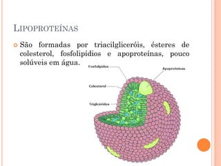 LIPOPROTEÍNAS
 São formadas por triacilgliceróis, ésteres de
colesterol, fosfolipídios e apoproteínas, pouco
solúveis em água.
 