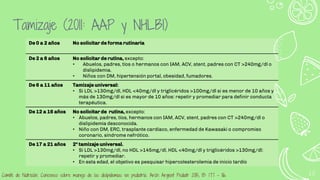 12
Tamizaje (2011: AAP y NHLBI)
De 0 a 2 años No solicitar de forma rutinaria
De 2 a 6 años No solicitar de rutina, excepto:
• Abuelos, padres, tíos o hermanos con IAM, ACV, stent, padres con CT >240mg/dl o
dislipidemia.
• Niños con DM, hipertensión portal, obesidad, fumadores.
De 6 a 11 años Tamizaje universal:
• Si LDL >130mg/dl, HDL <40mg/dl y triglicéridos >100mg/dl si es menor de 10 años y
más de 130mg/dl si es mayor de 10 años: repetir y promediar para definir conducta
terapéutica.
De 12 a 16 años No solicitar de rutina, excepto:
• Abuelos, padres, tíos, hermanos con IAM, ACV, stent, padres con CT >240mg/dl o
dislipidemia desconocida.
• Niño con DM, ERC, trasplante cardíaco, enfermedad de Kawasaki o compromiso
coronario, síndrome nefrótico.
De 17 a 21 años 2º tamizaje universal.
• Si LDL >130mg/dl, no HDL >145mg/dl, HDL <40mg/dl y triglicéridos >130mg/dl:
repetir y promediar.
• En esta edad, el objetivo es pesquisar hipercolesterolemia de inicio tardío
Comité de Nutrición. Concenso sobre manejo de las dislipidemias en pediatría. Arch Argent Pediatr 2015; 113: 177 – 86.
 