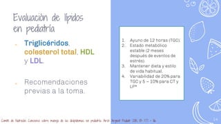 14
Evaluación de lípidos
en pediatría
༝ Triglicéridos,
colesterol total, HDL
y LDL.
༝ Recomendaciones
previas a la toma.
1. Ayuno de 12 horas (TGC).
2. Estado metabólico
estable (2 meses
después de eventos de
estrés).
3. Mantener dieta y estilo
de vida habitual.
4. Variabilidad de 20% para
TGC y 5 – 10% para CT y
LP*
Comité de Nutrición. Concenso sobre manejo de las dislipidemias en pediatría. Arch Argent Pediatr 2015; 113: 177 – 86.
 