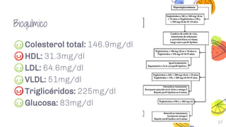37
Bioquímico
༝ Colesterol total: 146.9mg/dl
༝ HDL: 31.3mg/dl
༝ LDL: 64.6mg/dl
༝ VLDL: 51mg/dl
༝ Triglicéridos: 225mg/dl
༝ Glucosa: 83mg/dl
 
