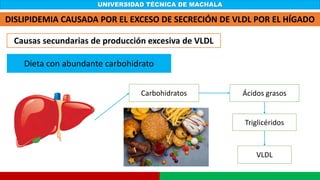 UNIVERSIDAD TÉCNICA DE MACHALA
DISLIPIDEMIA CAUSADA POR EL EXCESO DE SECRECIÓN DE VLDL POR EL HÍGADO
Causas secundarias de producción excesiva de VLDL
Dieta con abundante carbohidrato
Carbohidratos Ácidos grasos
Triglicéridos
VLDL
 