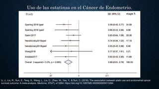 Uso de las estatinas en el Cáncer de Endometrio.
Li, J., Liu, R., Sun, Z., Tang, S., Wang, L., Liu, C., Zhao, W., Yao, Y., & Sun, C. (2018). The association between statin use and endometrial cancer
survival outcome: A meta-analysis. Medicine, 97(47), e13264. https://doi.org/10.1097/MD.0000000000013264
 