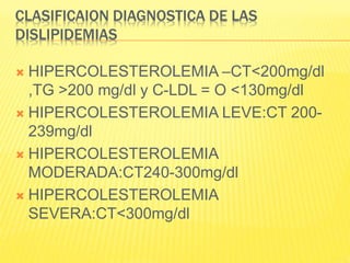 CLASIFICAION DIAGNOSTICA DE LAS
DISLIPIDEMIAS
 HIPERCOLESTEROLEMIA –CT<200mg/dl
,TG >200 mg/dl y C-LDL = O <130mg/dl
 HIPERCOLESTEROLEMIA LEVE:CT 200-
239mg/dl
 HIPERCOLESTEROLEMIA
MODERADA:CT240-300mg/dl
 HIPERCOLESTEROLEMIA
SEVERA:CT<300mg/dl
 