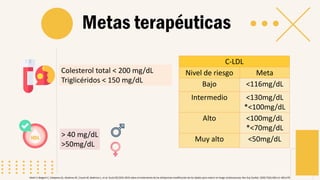 Colesterol total < 200 mg/dL
Triglicéridos < 150 mg/dL
> 40 mg/dL
>50mg/dL
C-LDL
Nivel de riesgo Meta
Bajo <116mg/dL
Intermedio <130mg/dL
*<100mg/dL
Alto <100mg/dL
*<70mg/dL
Muy alto <50mg/dL
Metas terapéuticas
Mach F, Baigent C, Catapano AL, Koskinas KC, Casula M, Badimon L, et al. Guıía ESC/EAS 2019 sobre el tratamiento de las dislipemias:modificación de los lípidos para reducir el riesgo cardiovascular. Rev Esp Cardiol. 2020;73(5):403.e1–403.e70
 