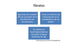 fibratos
Agonistas de receptor
alfa de activador de la
ploriferacion de
peroxisomas
Actúa en factores de
transcripción en el
metabolismo de los
lípidos
Se utilizan en
hipertrigliceridemia:
aumenta la lipasa
(hidroliza los Tg)
Guia de practicas clínica en dislipidemias
 