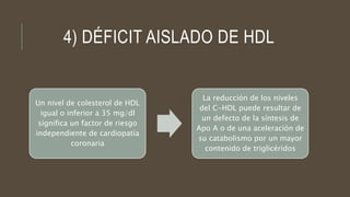 4) DÉFICIT AISLADO DE HDL
Un nivel de colesterol de HDL
igual o inferior a 35 mg/dl
significa un factor de riesgo
independ...
