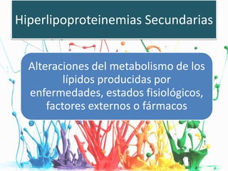 Hiperlipoproteinemias Secundarias
Alteraciones del metabolismo de los
lípidos producidas por
enfermedades, estados fisiológicos,
factores externos o fármacos
 