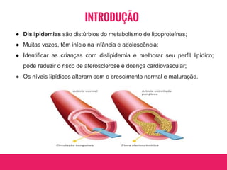 INTRODUÇÃO
● Dislipidemias são distúrbios do metabolismo de lipoproteínas;
● Muitas vezes, têm início na infância e adolescência;
● Identificar as crianças com dislipidemia e melhorar seu perfil lipídico;
pode reduzir o risco de aterosclerose e doença cardiovascular;
● Os níveis lipídicos alteram com o crescimento normal e maturação.
 