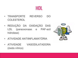 HDL
• TRANSPORTE REVERSO DO
COLESTEROL
• REDUÇÃO DA OXIDAÇÃO DAS
LDL (paraoxonase e PAF-acil
hidrolase)
• ATIVIDADE ANTIINFLAMATÓRIA
• ATIVIDADE VASODILATADORA
(óxido nítrico)
 