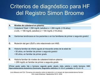 Criterios de diagnóstico para HF
del Registro Simon Broome
A. Niveles de colesterol en plasma:
Colesterol Total: > 290 mg/dL (adultos) o > 260 mg/dL (<16 años)
c-LDL: > 190 mg/dL (adultos) o > 154 mg/dL (<16 años)
B. Xantomas tendinosos en los pacientes o en los familiares de primer o segundo grado†
C. Mutación del gen LDLR u otro relacionado con HAD.
D. Historia familiar de infarto agudo al miocardio antes de la edad de
• 50 años, en familiar de primer o segundo grado†
• 60 años, en familiar de primer grado
E. Historia familiar de niveles de colesterol total en plasma:
> 290 mg/dL en familiar de primer o segundo grado
†Primer grado: padre, hijo o hermano; segundo grado: abuelo, nieto, sobrino o medio hermano. HAD:
Hipercolesterolemia Autosómica Dominante. Diagnóstico definitivo: A + B o C, probable: A + D o A + E
Lluìs Masana and Col. Consenso de expertos sobre la detección y el manejo de hipercolesterolemia famiiar.
Clin invest Arterioscl. Septiembre 2013. 25/4)
 